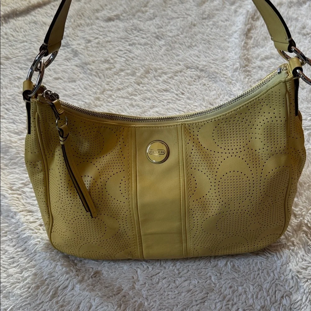 COACH Signature Stripe Convertible Hobo Bag YelowPerforated Leather F23241